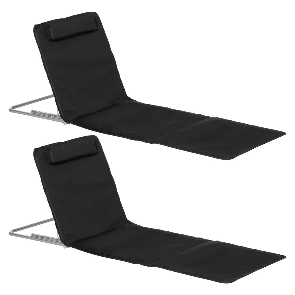 image-Outsunny 2 Pieces Outdoor Beach Mat Steel Reclining Chair Set w/ Pillow Black