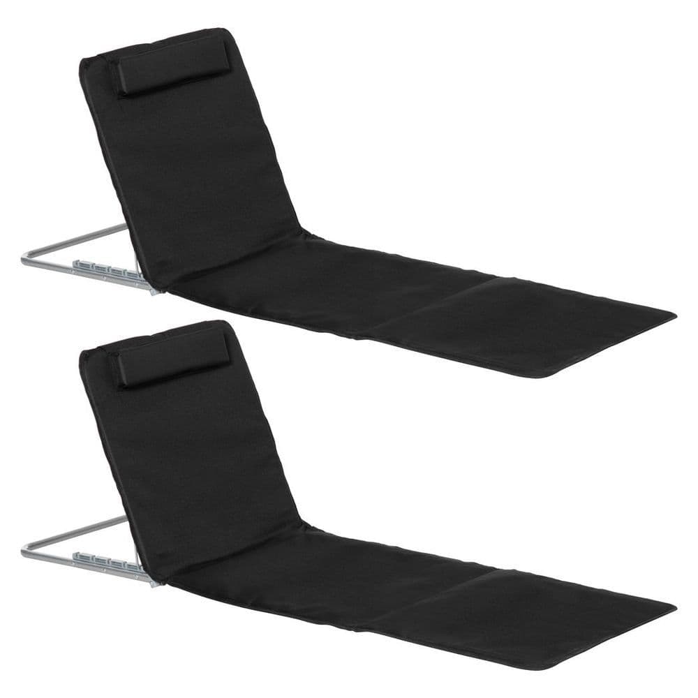 image-Outsunny 2 Pieces Outdoor Beach Mat Steel Reclining Chair Set w/ Pillow Black