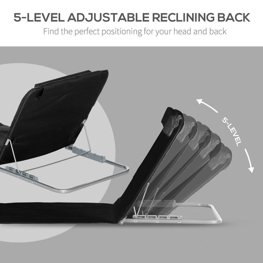 image-Outsunny 2 Pieces Outdoor Beach Mat Steel Reclining Chair Set w/ Pillow Black