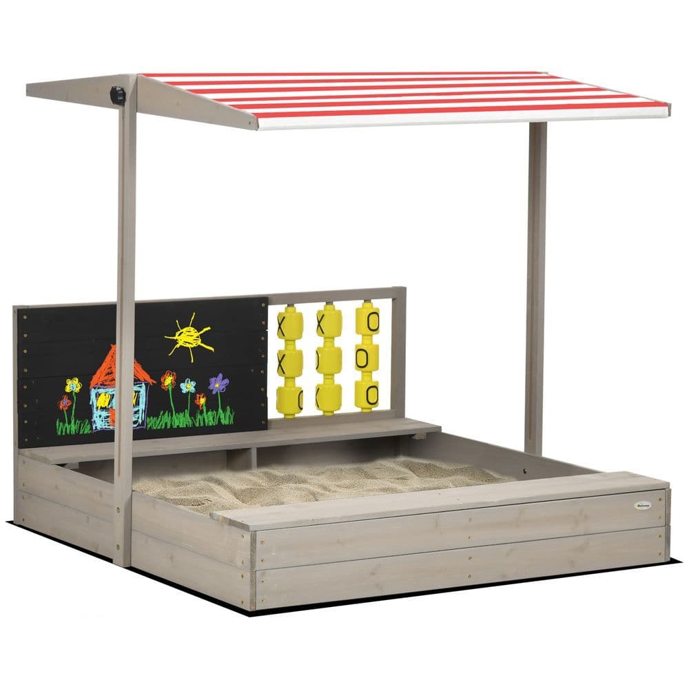 image-Outsunny Kids Wooden Sandpit, Sandbox w/ Canopy, Seats, for Gardens - Grey