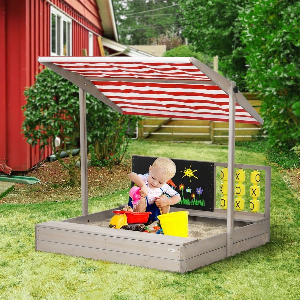 image-Outsunny Kids Wooden Sandpit, Sandbox w/ Canopy, Seats, for Gardens - Grey