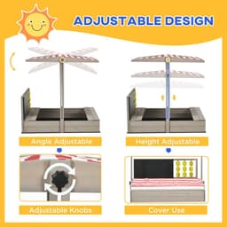 image-Outsunny Kids Wooden Sandpit, Sandbox w/ Canopy, Seats, for Gardens - Grey