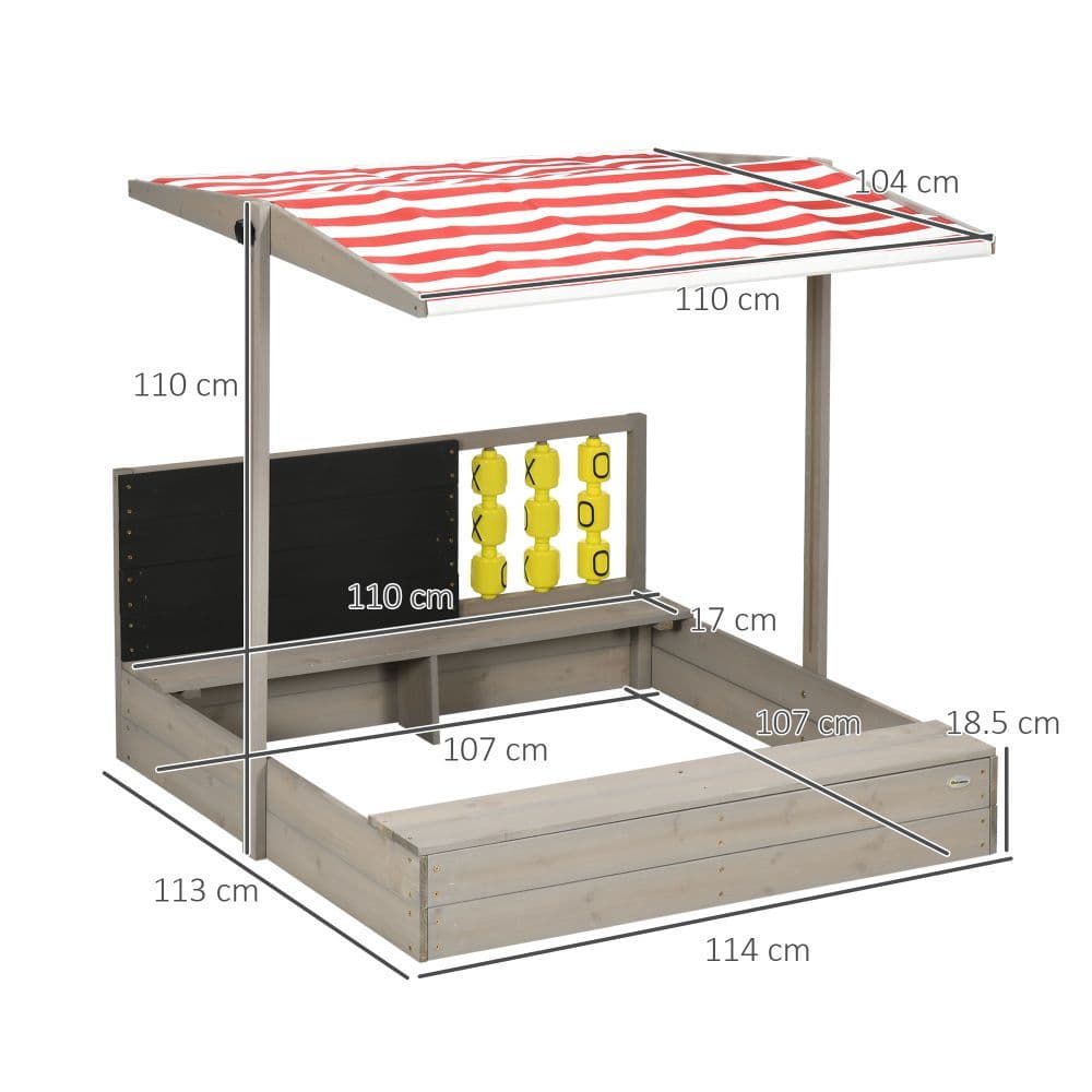 image-Outsunny Kids Wooden Sandpit, Sandbox w/ Canopy, Seats, for Gardens - Grey