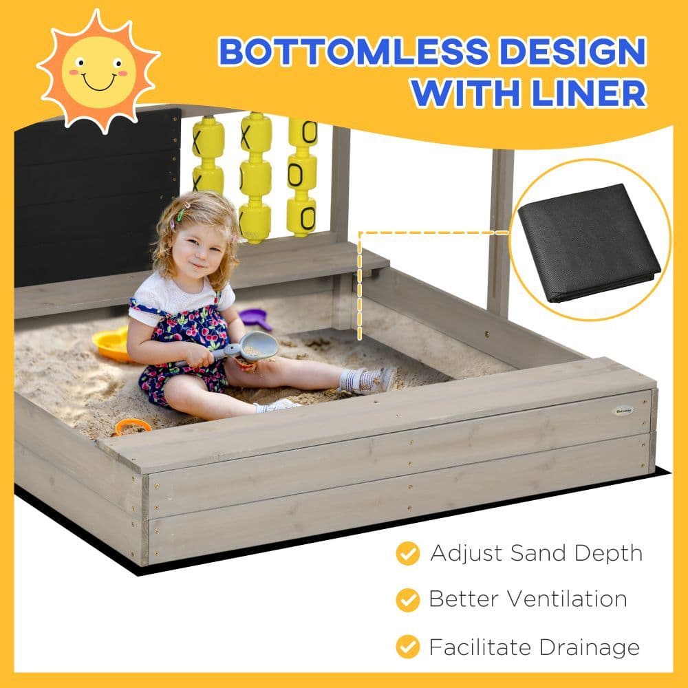 image-Outsunny Kids Wooden Sandpit, Sandbox w/ Canopy, Seats, for Gardens - Grey