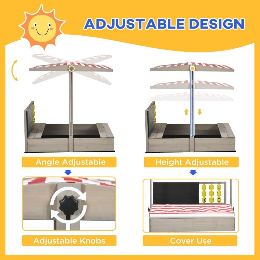 image-Outsunny Kids Wooden Sandpit, Sandbox w/ Canopy, Seats, for Gardens - Grey