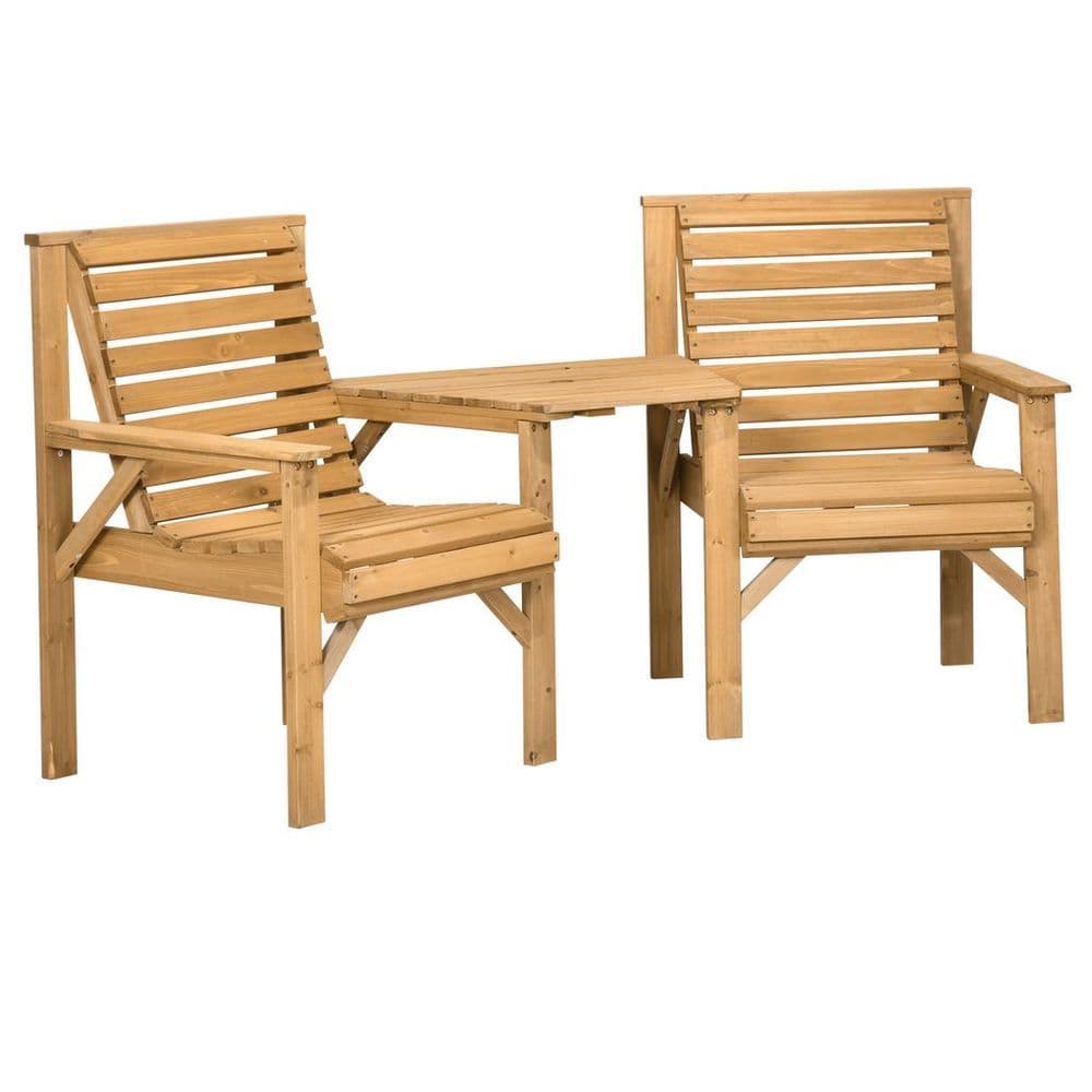 image-Outsunny Wooden Garden Love Seat w/ Coffee Table Umbrella Hole Partner Bench
