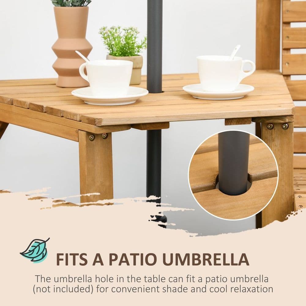 image-Outsunny Wooden Garden Love Seat w/ Coffee Table Umbrella Hole Partner Bench