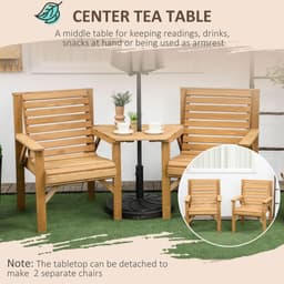 image-Outsunny Wooden Garden Love Seat w/ Coffee Table Umbrella Hole Partner Bench