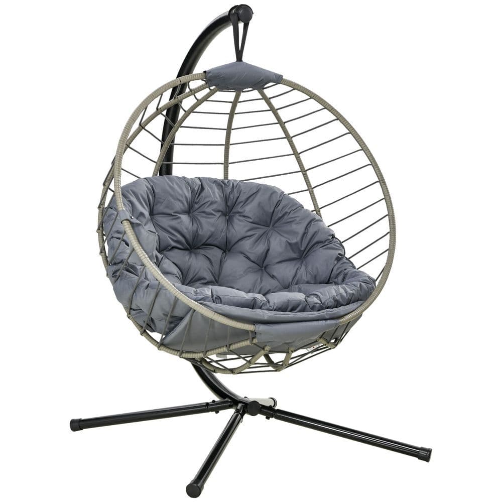image-Outsunny PE Rattan Hanging Swing Chair w/ Stand & Cup Holder, Grey