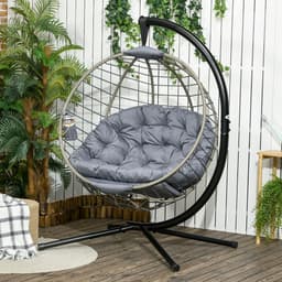 image-Outsunny PE Rattan Hanging Swing Chair w/ Stand & Cup Holder, Grey