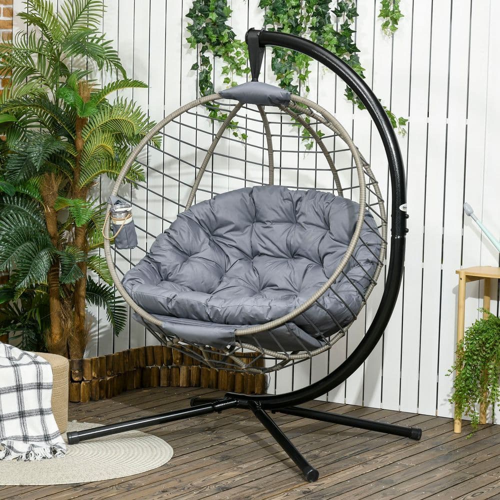 image-Outsunny PE Rattan Hanging Swing Chair w/ Stand & Cup Holder, Grey