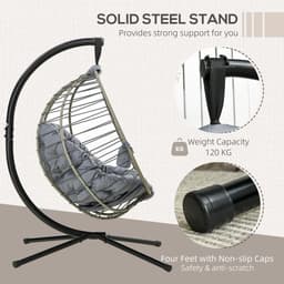 image-Outsunny PE Rattan Hanging Swing Chair w/ Stand & Cup Holder, Grey