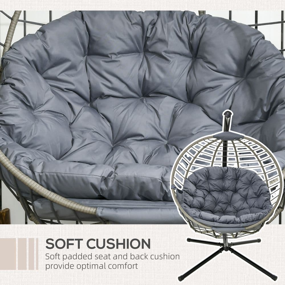 image-Outsunny PE Rattan Hanging Swing Chair w/ Stand & Cup Holder, Grey