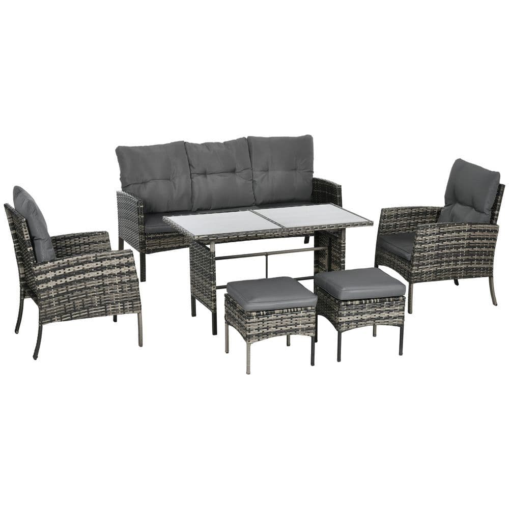 image-Outsunny Rattan Garden Furniture Sofa Set, 2 Armchairs 2 Footstools Table Grey