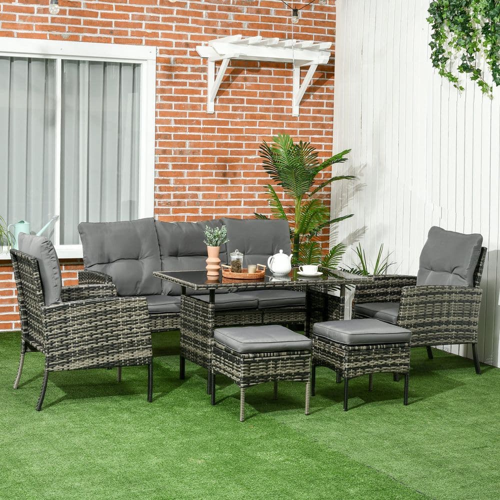 image-Outsunny Rattan Garden Furniture Sofa Set, 2 Armchairs 2 Footstools Table Grey