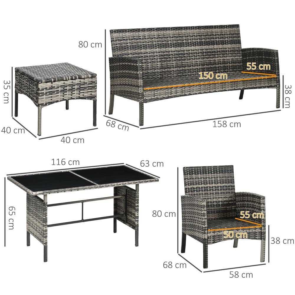 image-Outsunny Rattan Garden Furniture Sofa Set, 2 Armchairs 2 Footstools Table Grey