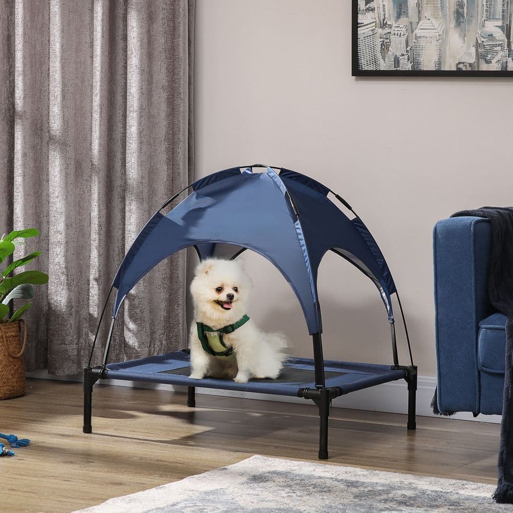 image-PawHut 76cm Elevated Dog Bed Cooling Raised Pet Cot UV Protection Canopy Blue