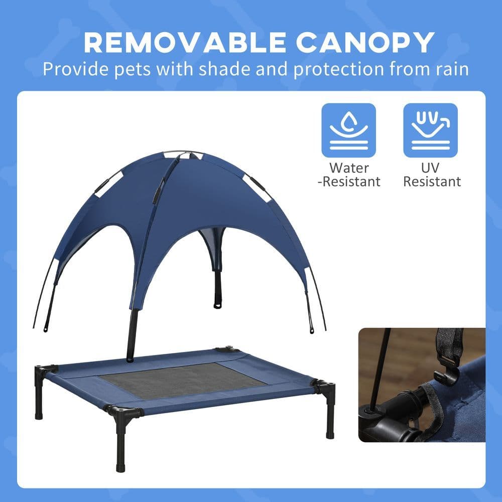 image-PawHut 76cm Elevated Dog Bed Cooling Raised Pet Cot UV Protection Canopy Blue