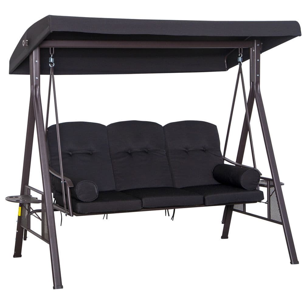 image-Outsunny 3 Seater Garden Swing Chair Patio Swing Bench w/ Cup Trays Black