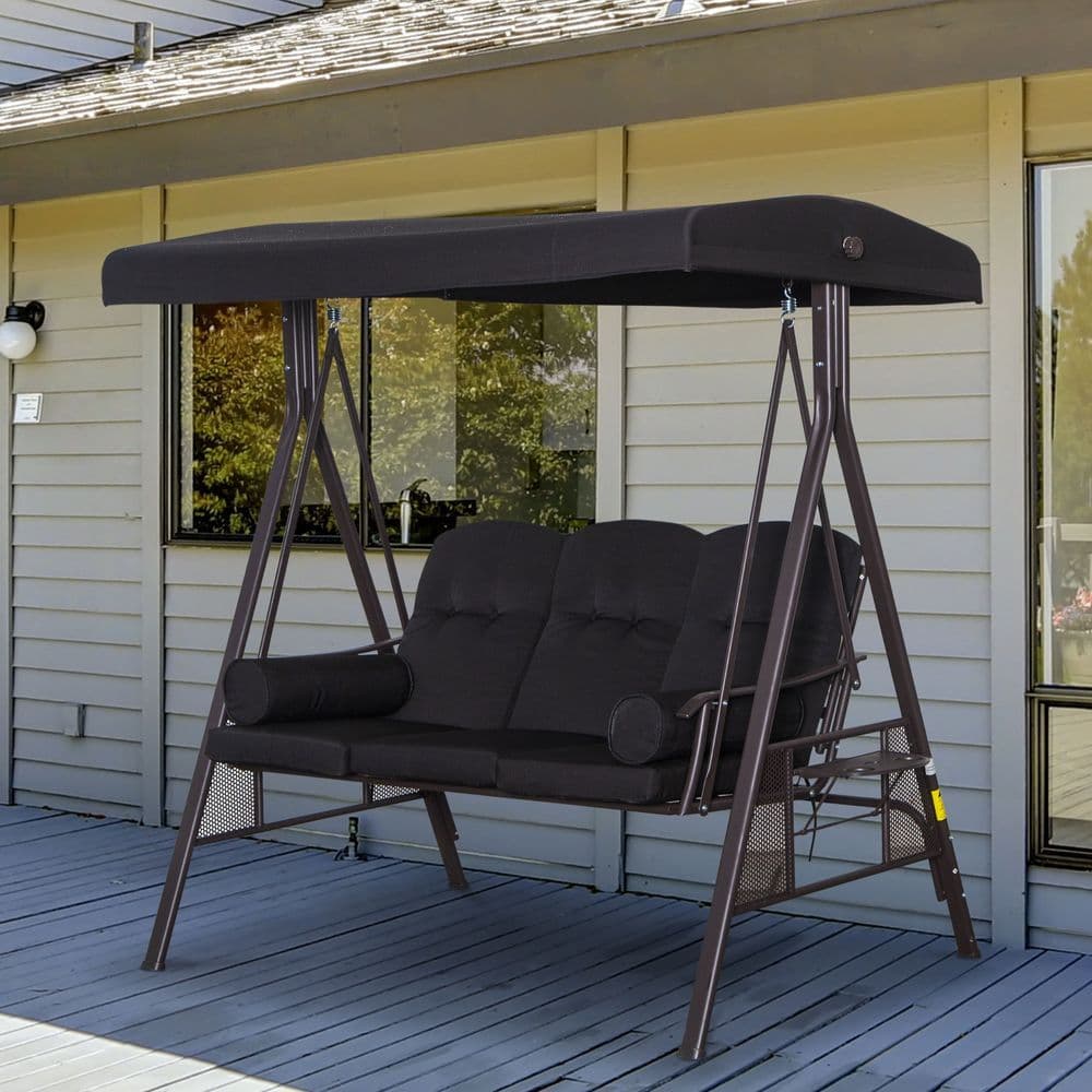 image-Outsunny 3 Seater Garden Swing Chair Patio Swing Bench w/ Cup Trays Black