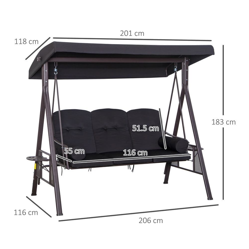 image-Outsunny 3 Seater Garden Swing Chair Patio Swing Bench w/ Cup Trays Black