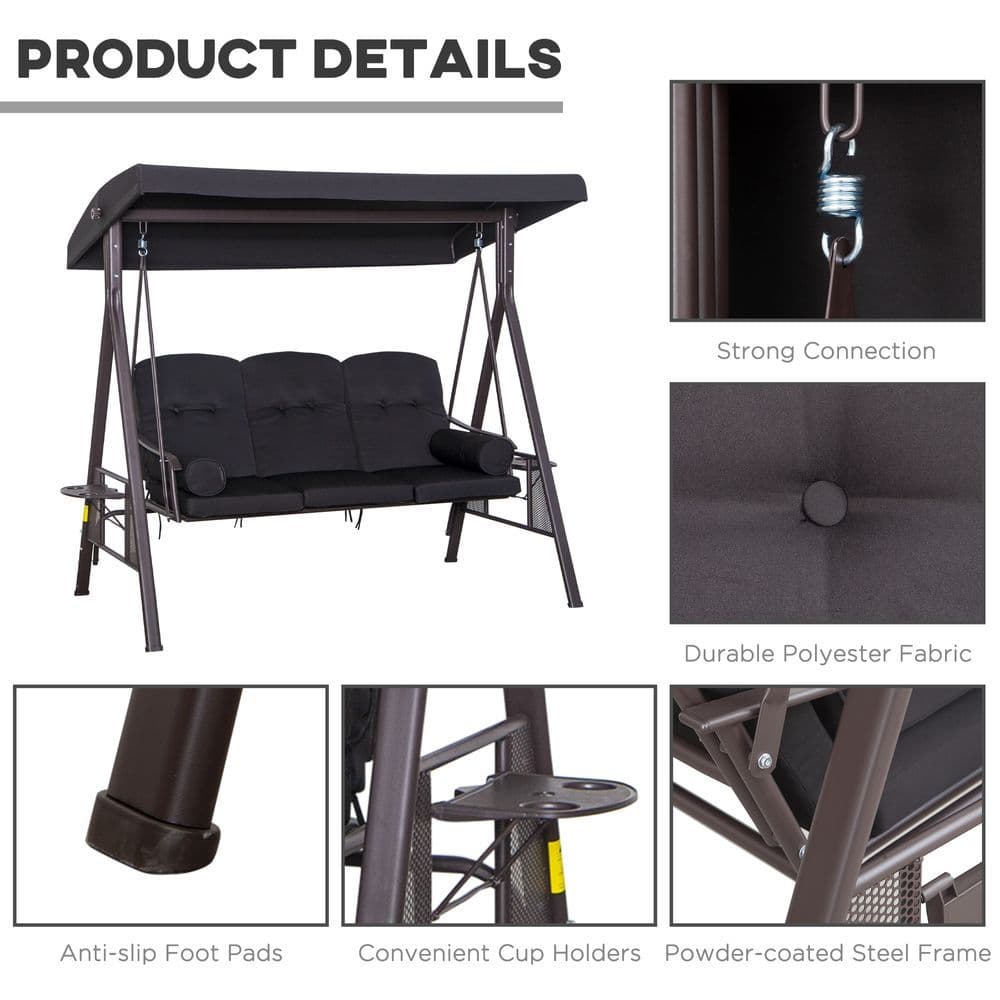 image-Outsunny 3 Seater Garden Swing Chair Patio Swing Bench w/ Cup Trays Black