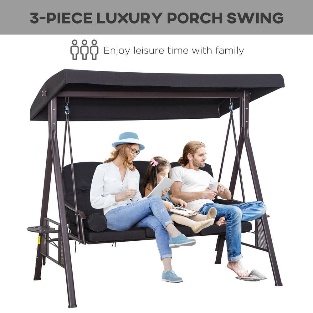 image-Outsunny 3 Seater Garden Swing Chair Patio Swing Bench w/ Cup Trays Black
