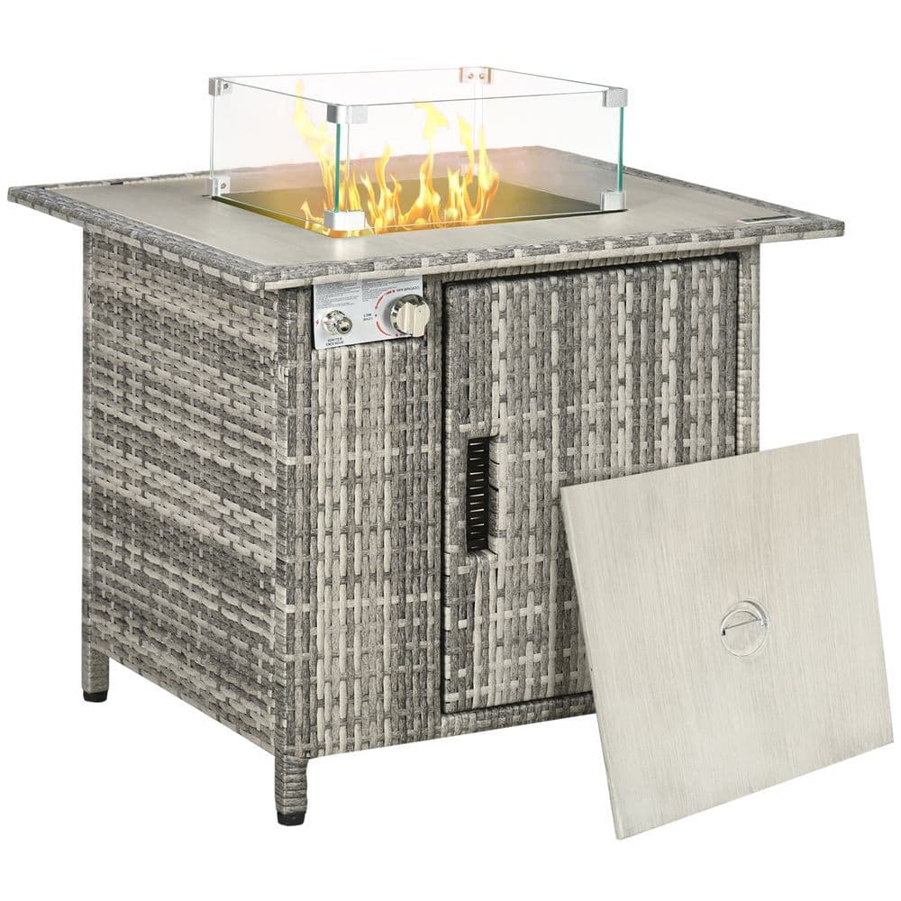 image-Outsunny Gas Fire Pit Table w/ Rain Cover, Windscreen & Lava Stone, 50,000 BTU