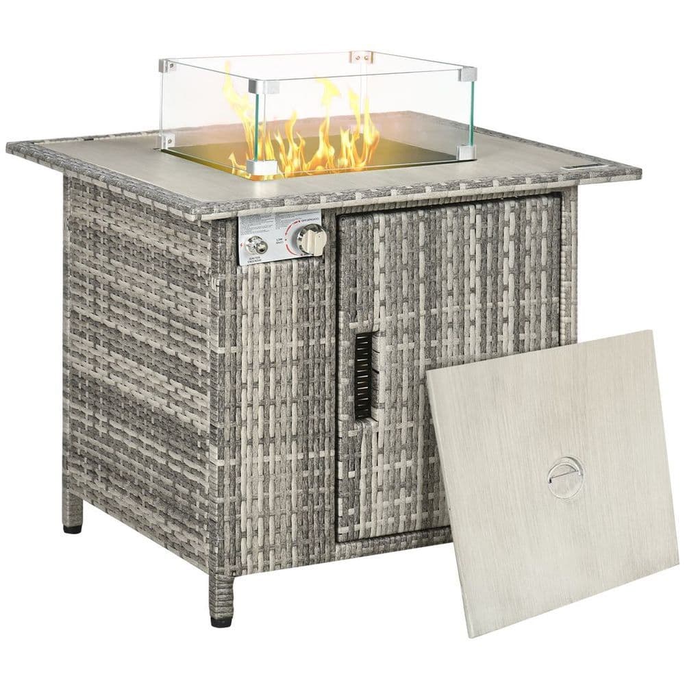 image-Outsunny Gas Fire Pit Table w/ Rain Cover, Windscreen & Lava Stone, 50,000 BTU