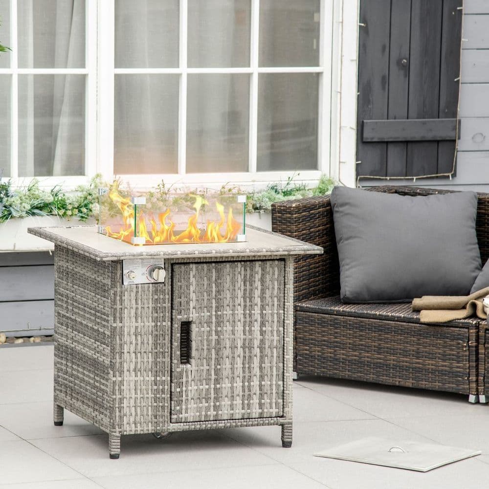 image-Outsunny Gas Fire Pit Table w/ Rain Cover, Windscreen & Lava Stone, 50,000 BTU