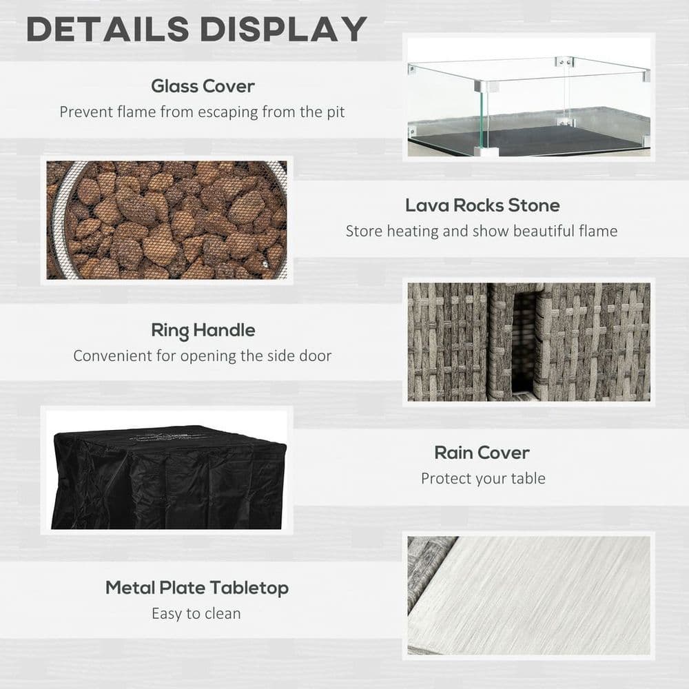 image-Outsunny Gas Fire Pit Table w/ Rain Cover, Windscreen & Lava Stone, 50,000 BTU