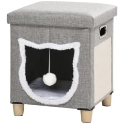 image-PawHut 2 in 1 Cat Bed Ottoman w/ Removable Cushion, Handles, Scratching Pad