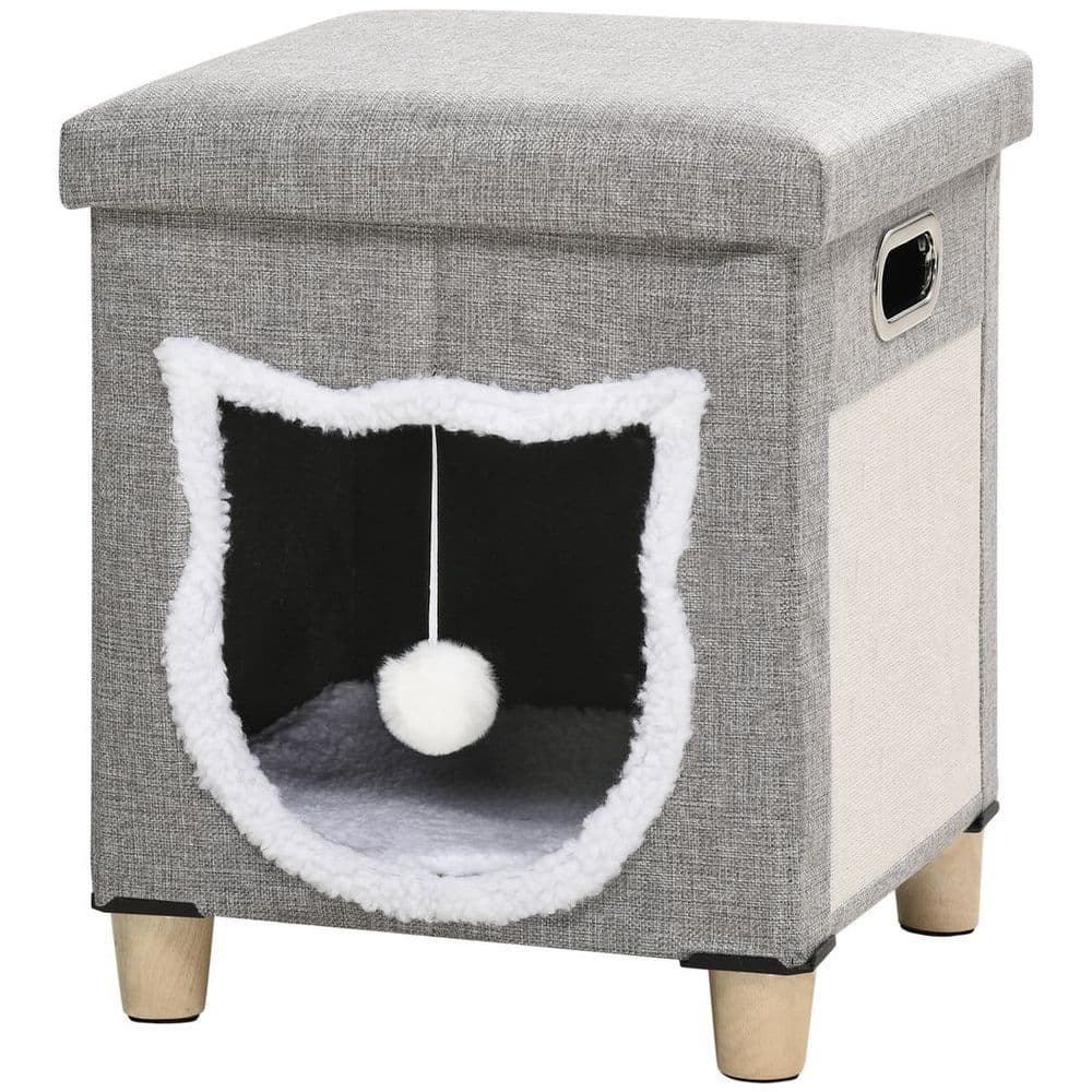 image-PawHut 2 in 1 Cat Bed Ottoman w/ Removable Cushion, Handles, Scratching Pad