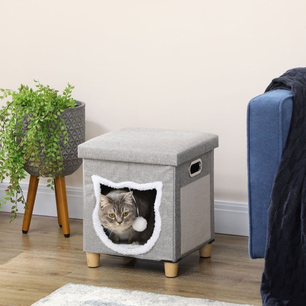 image-PawHut 2 in 1 Cat Bed Ottoman w/ Removable Cushion, Handles, Scratching Pad