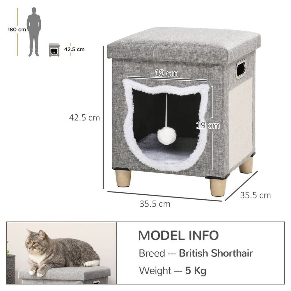 image-PawHut 2 in 1 Cat Bed Ottoman w/ Removable Cushion, Handles, Scratching Pad