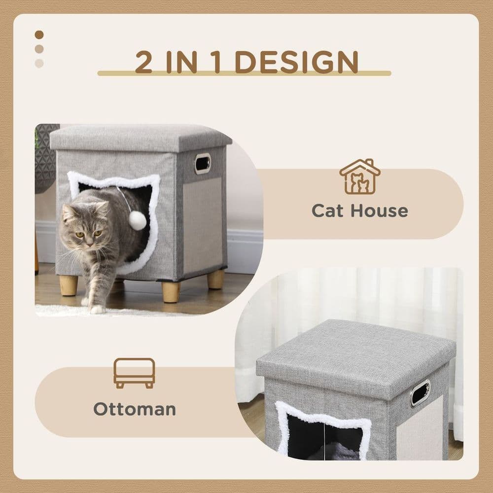 image-PawHut 2 in 1 Cat Bed Ottoman w/ Removable Cushion, Handles, Scratching Pad