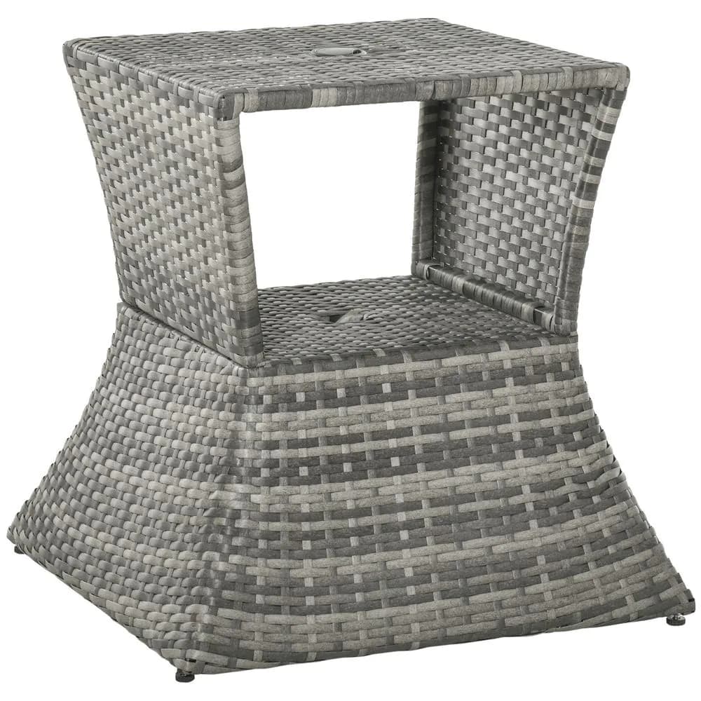 image-Outsunny Rattan Wicker Tea Coffee Table w/ Umbrella Hole and Storage Space Grey