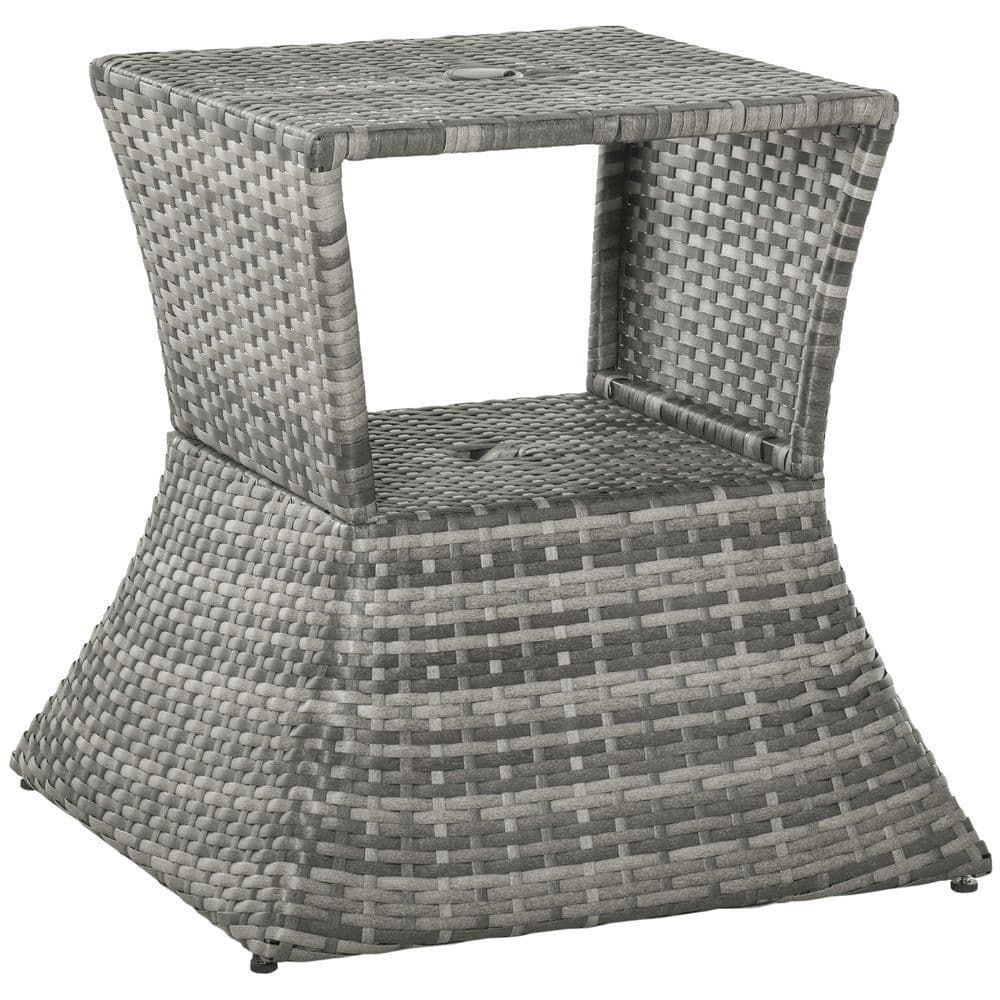 image-Outsunny Rattan Wicker Tea Coffee Table w/ Umbrella Hole and Storage Space Grey