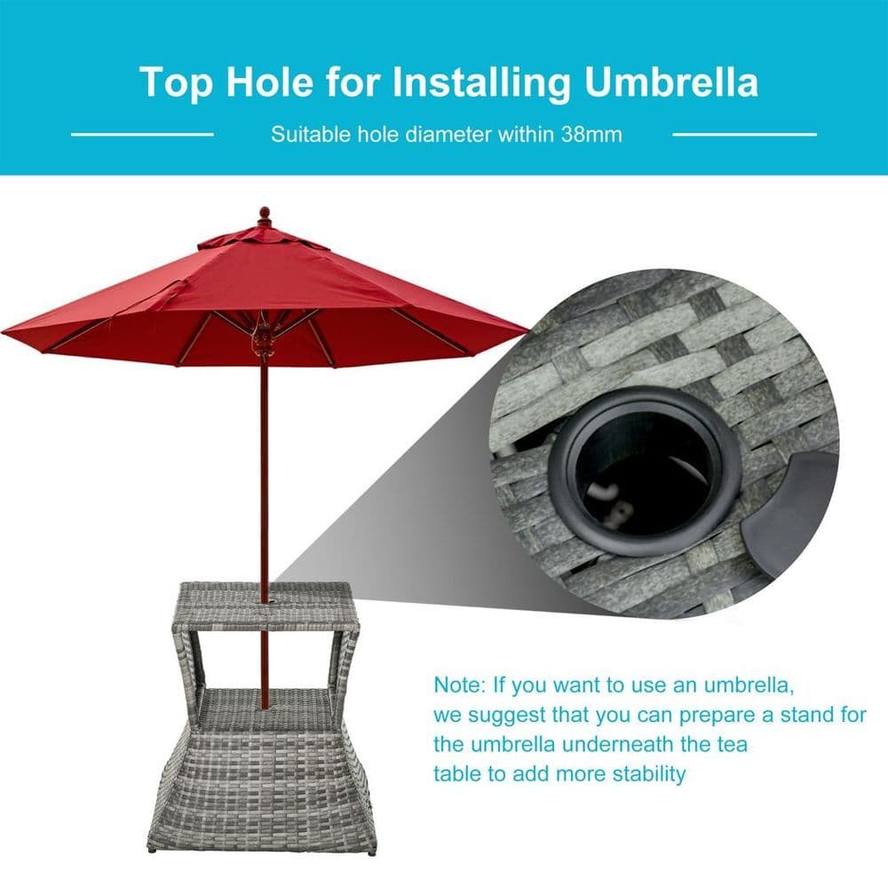 image-Outsunny Rattan Wicker Tea Coffee Table w/ Umbrella Hole and Storage Space Grey