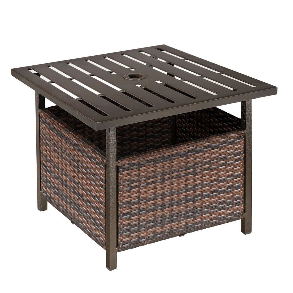 image-Outsunny Outdoor Rattan Coffee Table w/ Umbrella Hole Fit for Garden Backyard
