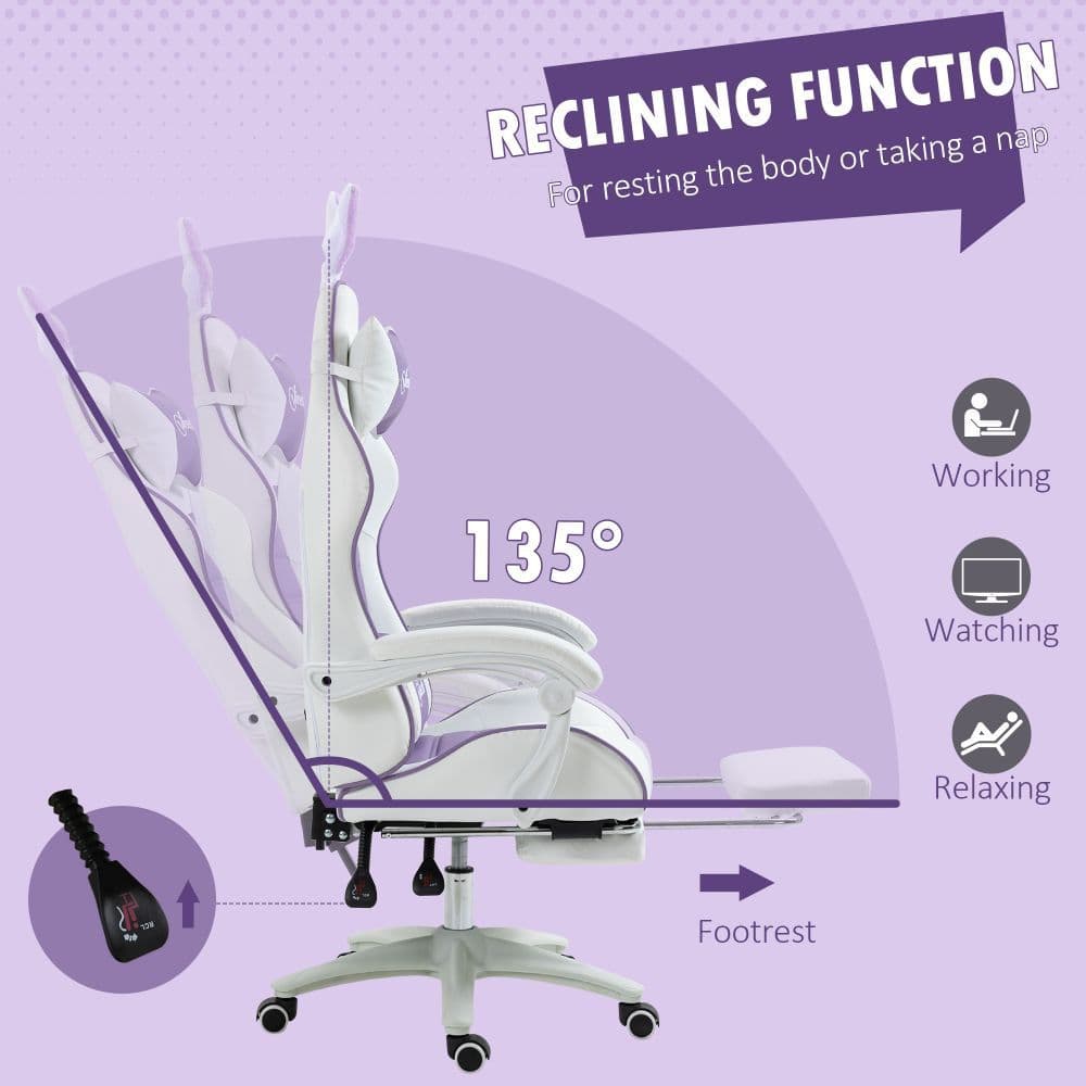 image-Vinsetto Racing Style Gaming Chair with Footrest Removable Rabbit Ears, Purple