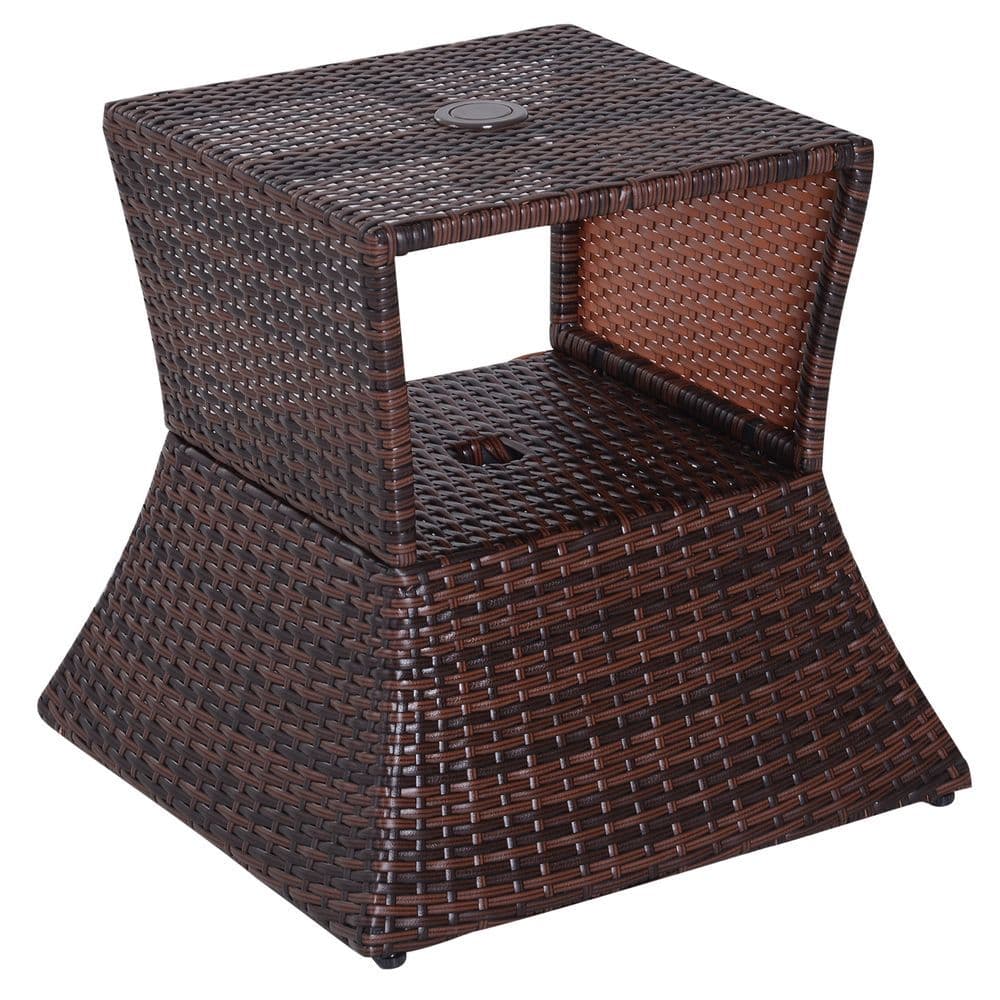 image-Outsunny Rattan Wicker Tea Coffee Table w/ Umbrella Hole Storage Space Brown