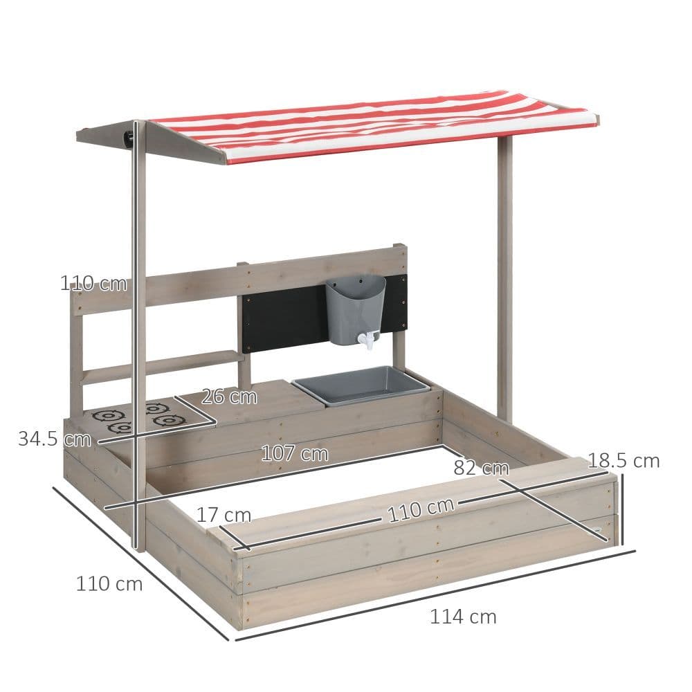 image-Outsunny Kids Wooden Sandbox w/ Canopy, Kitchen Toys, Seat, Storage, for Outdoor