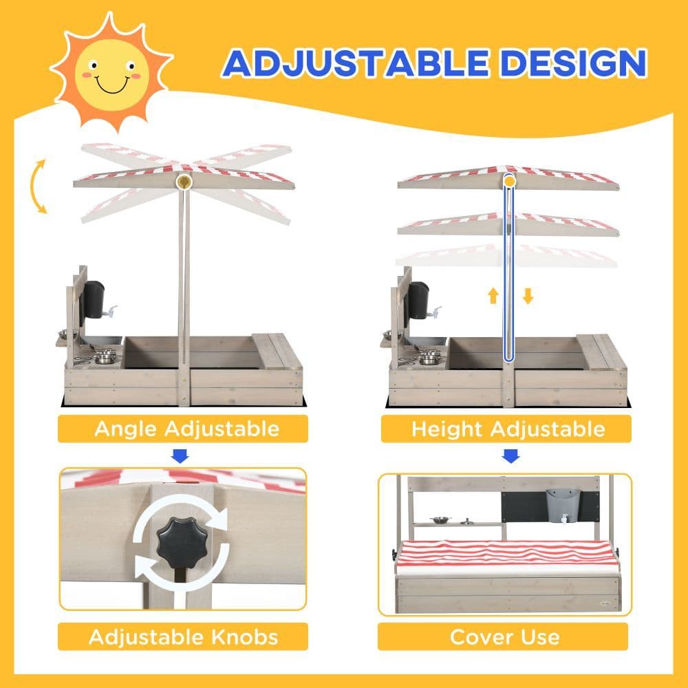 image-Outsunny Kids Wooden Sandbox w/ Canopy, Kitchen Toys, Seat, Storage, for Outdoor