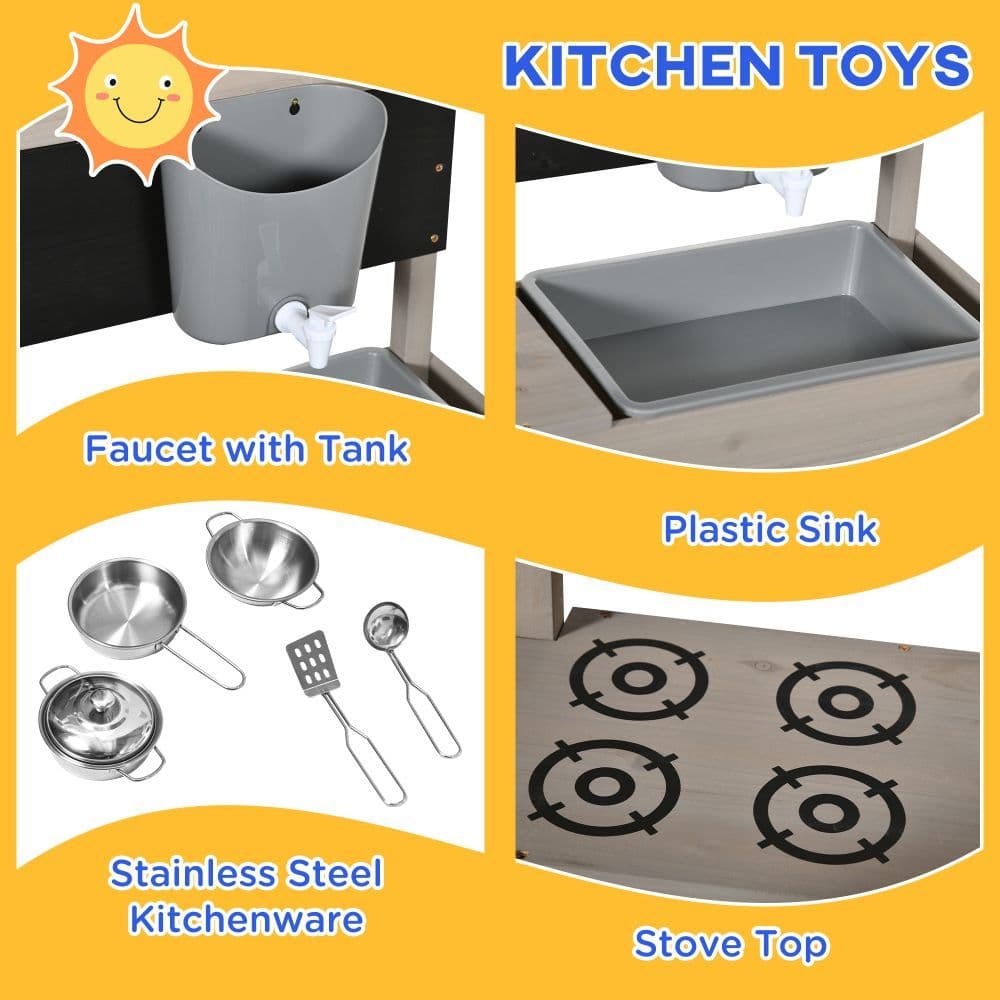 image-Outsunny Kids Wooden Sandbox w/ Canopy, Kitchen Toys, Seat, Storage, for Outdoor