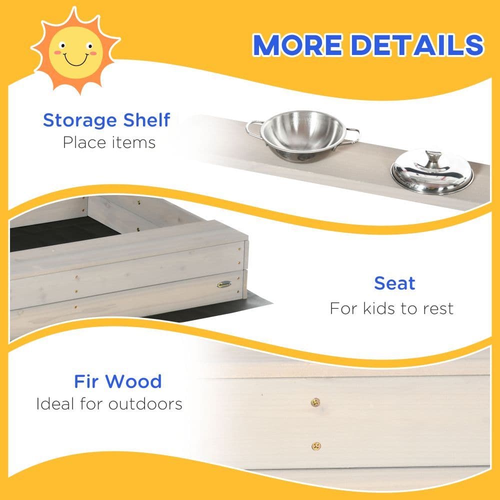 image-Outsunny Kids Wooden Sandbox w/ Canopy, Kitchen Toys, Seat, Storage, for Outdoor