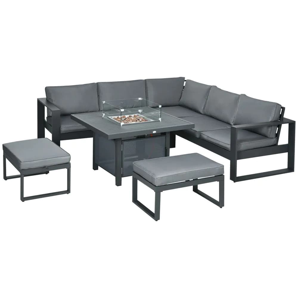 image-Outsunny 6-Piece Garden Furniture Set with Firepit Table Outdoor Sofa Aluminium