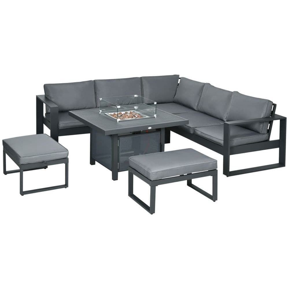 image-Outsunny 6-Piece Garden Furniture Set with Firepit Table Outdoor Sofa Aluminium