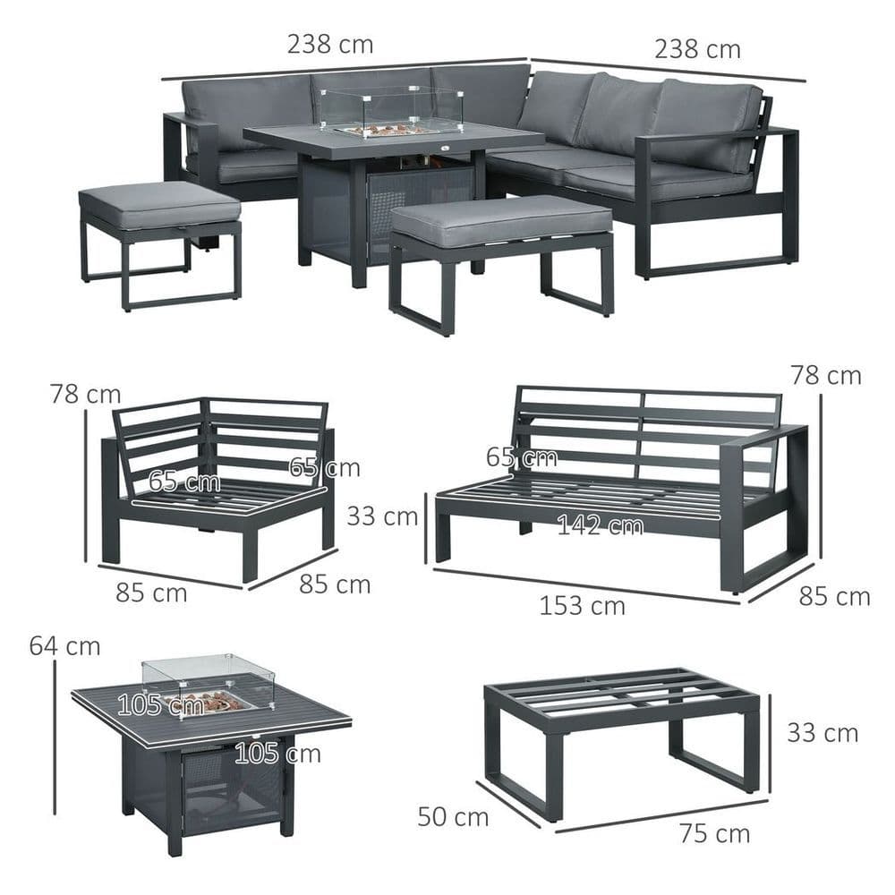 image-Outsunny 6-Piece Garden Furniture Set with Firepit Table Outdoor Sofa Aluminium