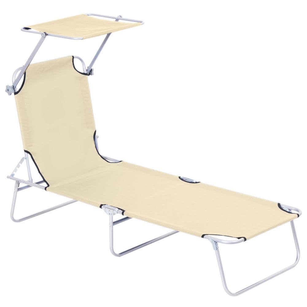 image-Outsunny Folding Chair Sun Lounger w/ Sunshade Garden Recliner Hammock Beige
